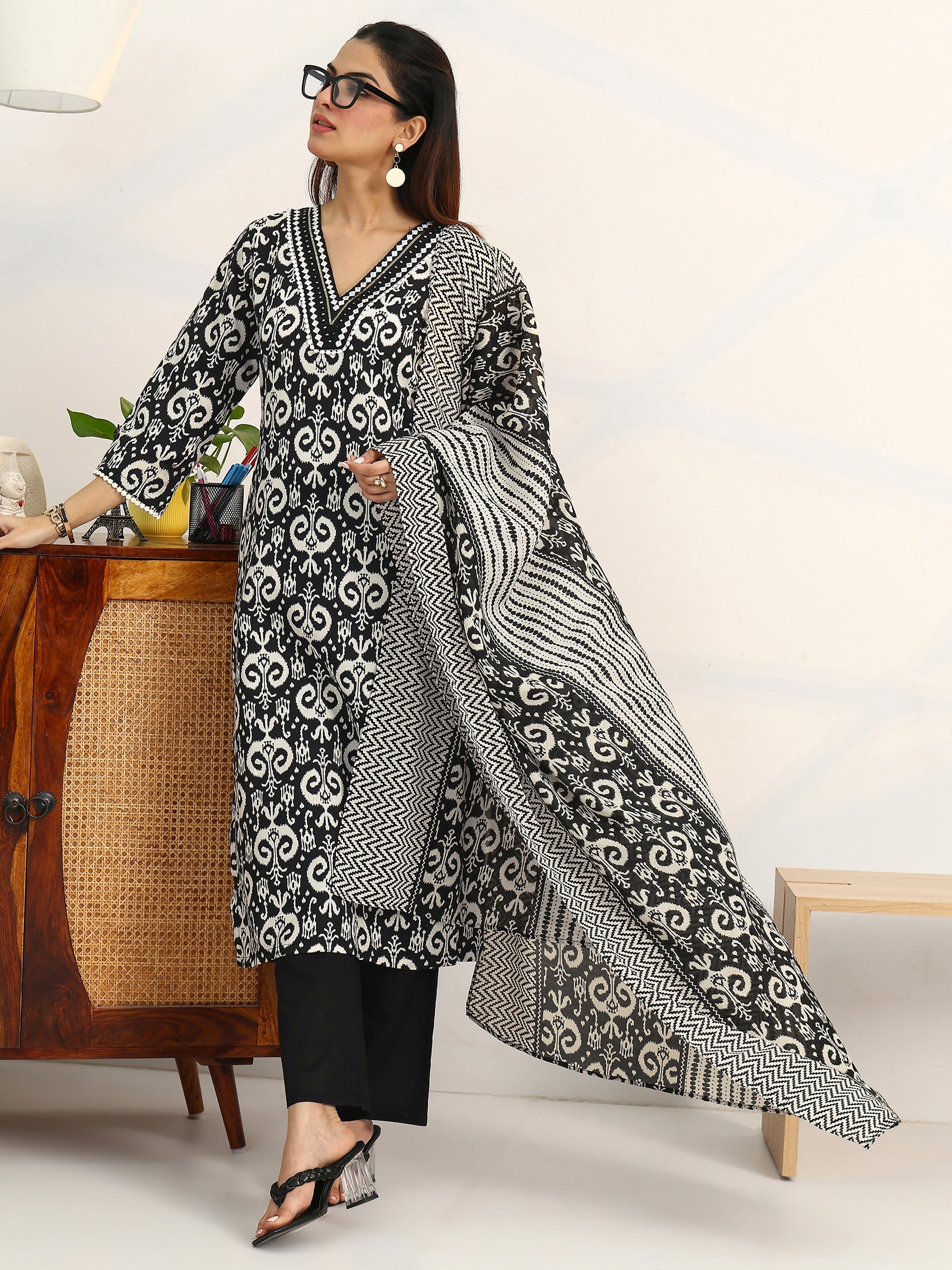 libas Black Ethnic Motifs Printed Cotton Blend Straight Suit Set With Dupatta-picture-22