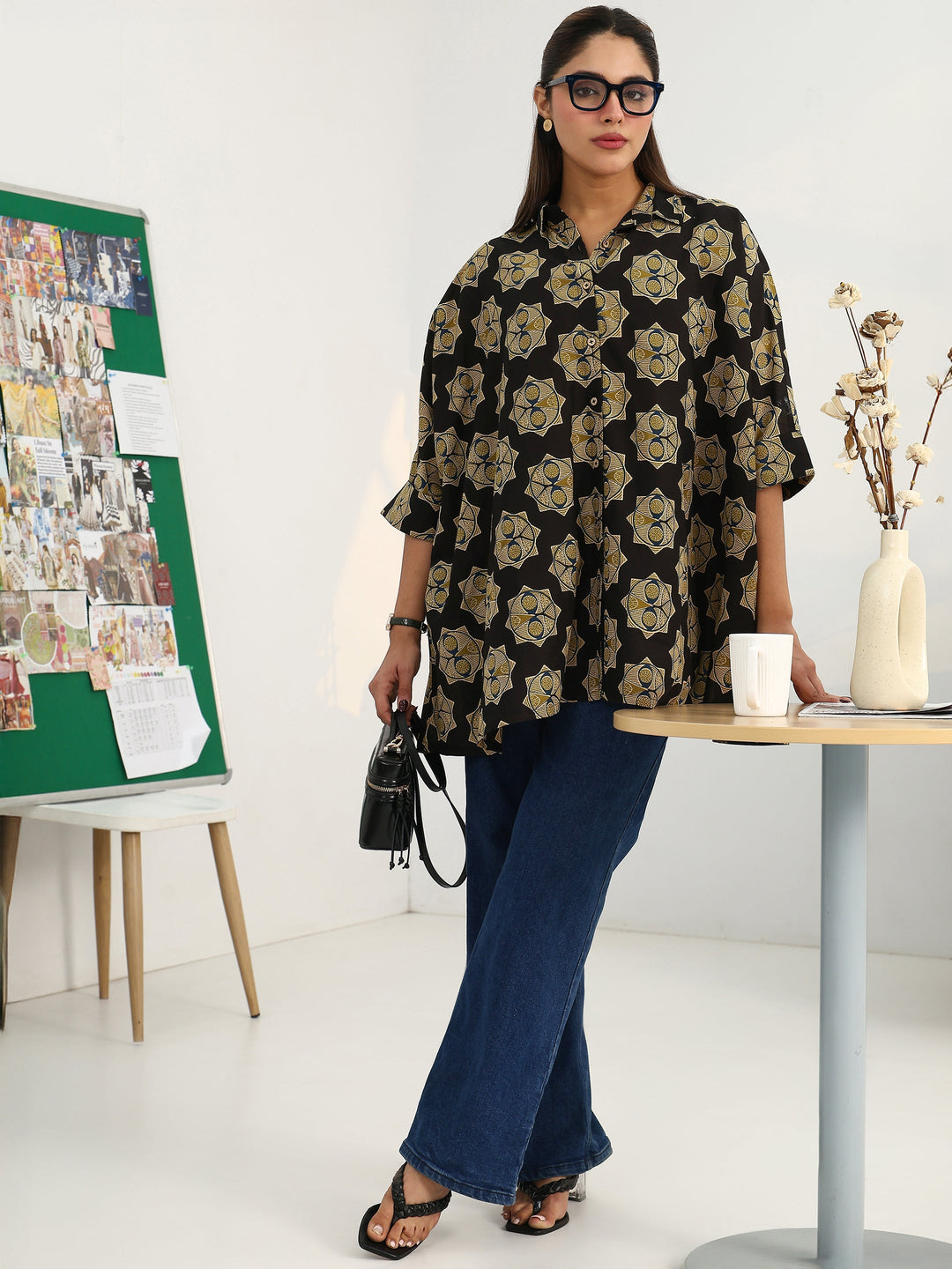 Classic Corp Black Printed Cotton Blend Shirt