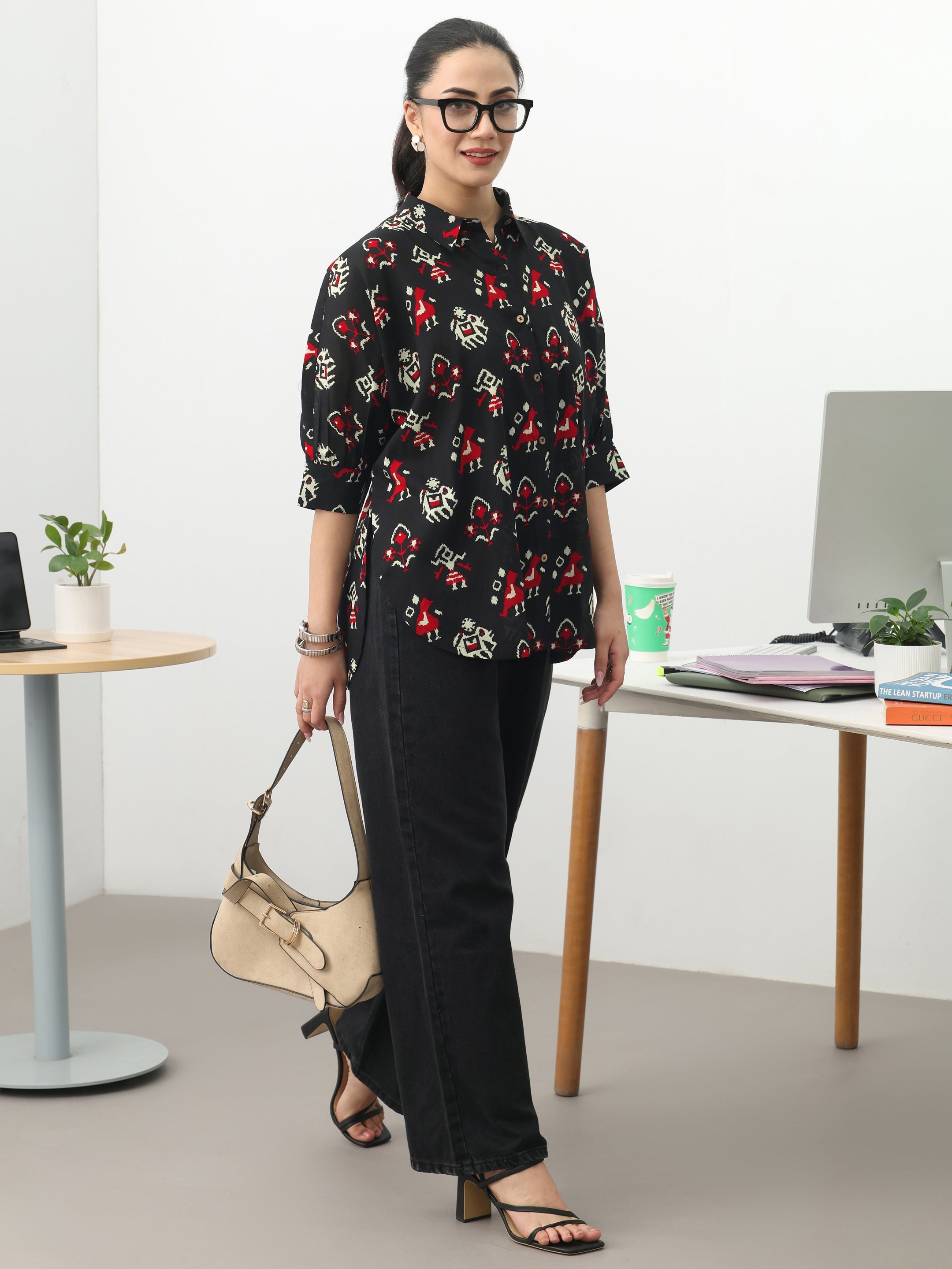 Black Ethnic Motifs Printed Cotton Shirt-image-21