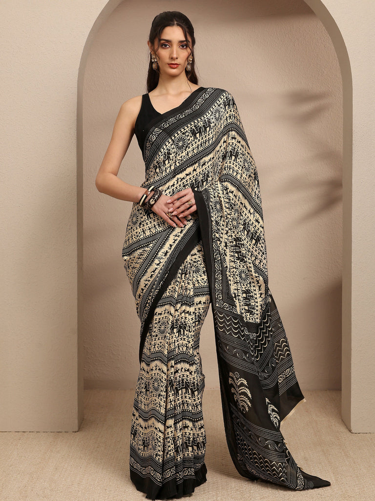 Libas Black Ethnic Motifs Printed Silk Blend Saree With Unstitched Blouse Piece