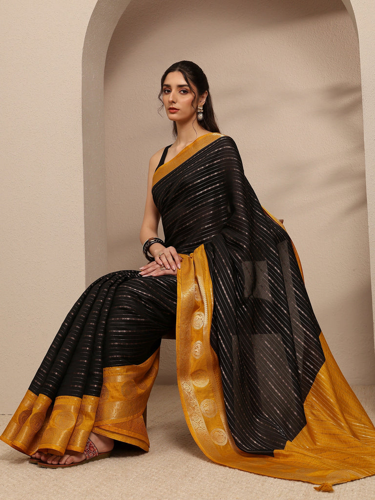 Libas Black Ethnic Motifs Woven Design Silk Blend Saree With Unstitched Blouse Piece