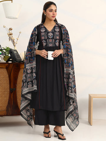 Gerua Black Ethnic Motifs Yoke Design Cotton Blend A-Line Suit Set With Dupatta