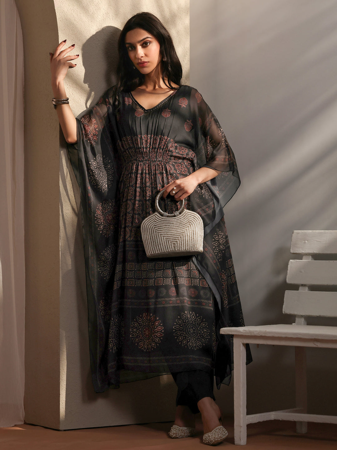  Black Ethnic Printed Chiffon Kaftan Kurta Set 