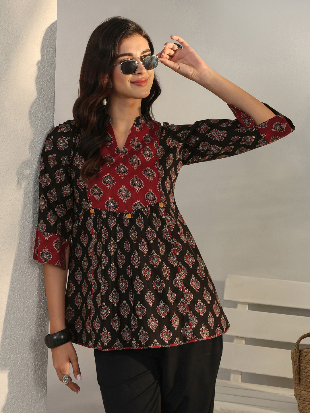  Black Ethnic Printed Cotton A-Line Short Kurti 