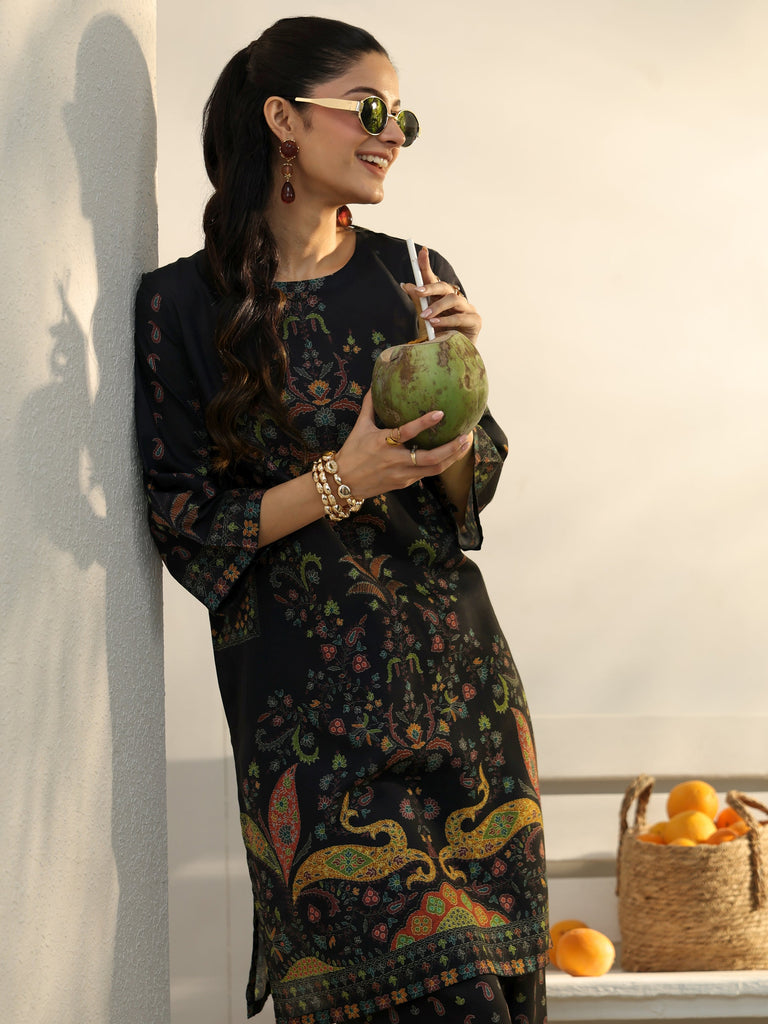 Libas Black Ethnic Printed Cotton Blend Co-Ord Set