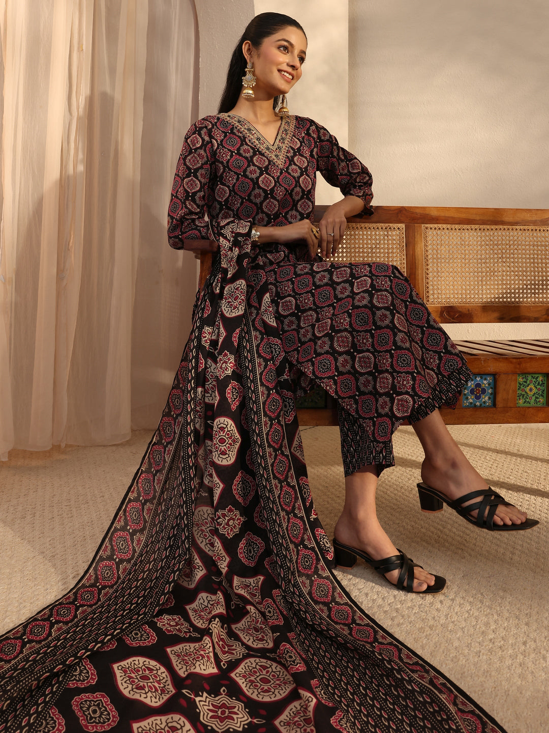 Black Ethnic Printed Cotton Blend Straight Suit Set With Dupatta