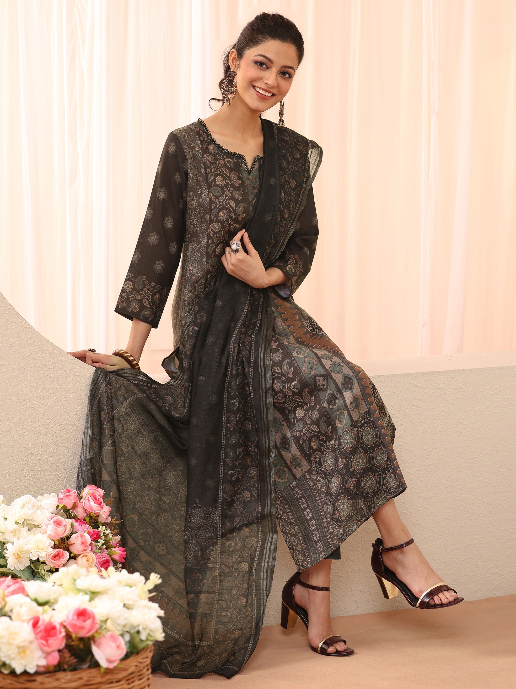 Black Ethnic Printed Linen Straight Suit Set-image-19