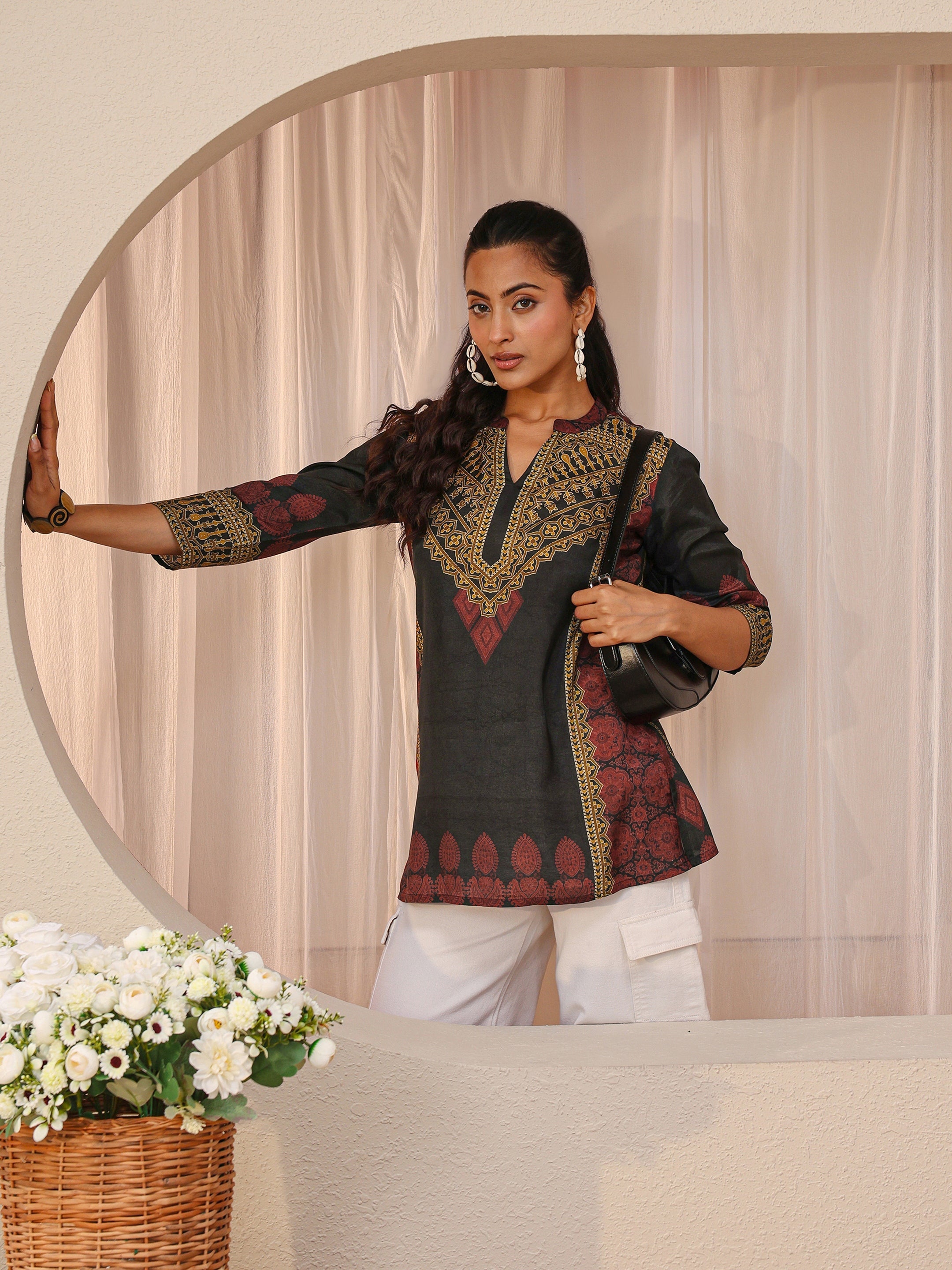 libas Black Ethnic Printed Silk Blend Straight Short Kurti-picture-21