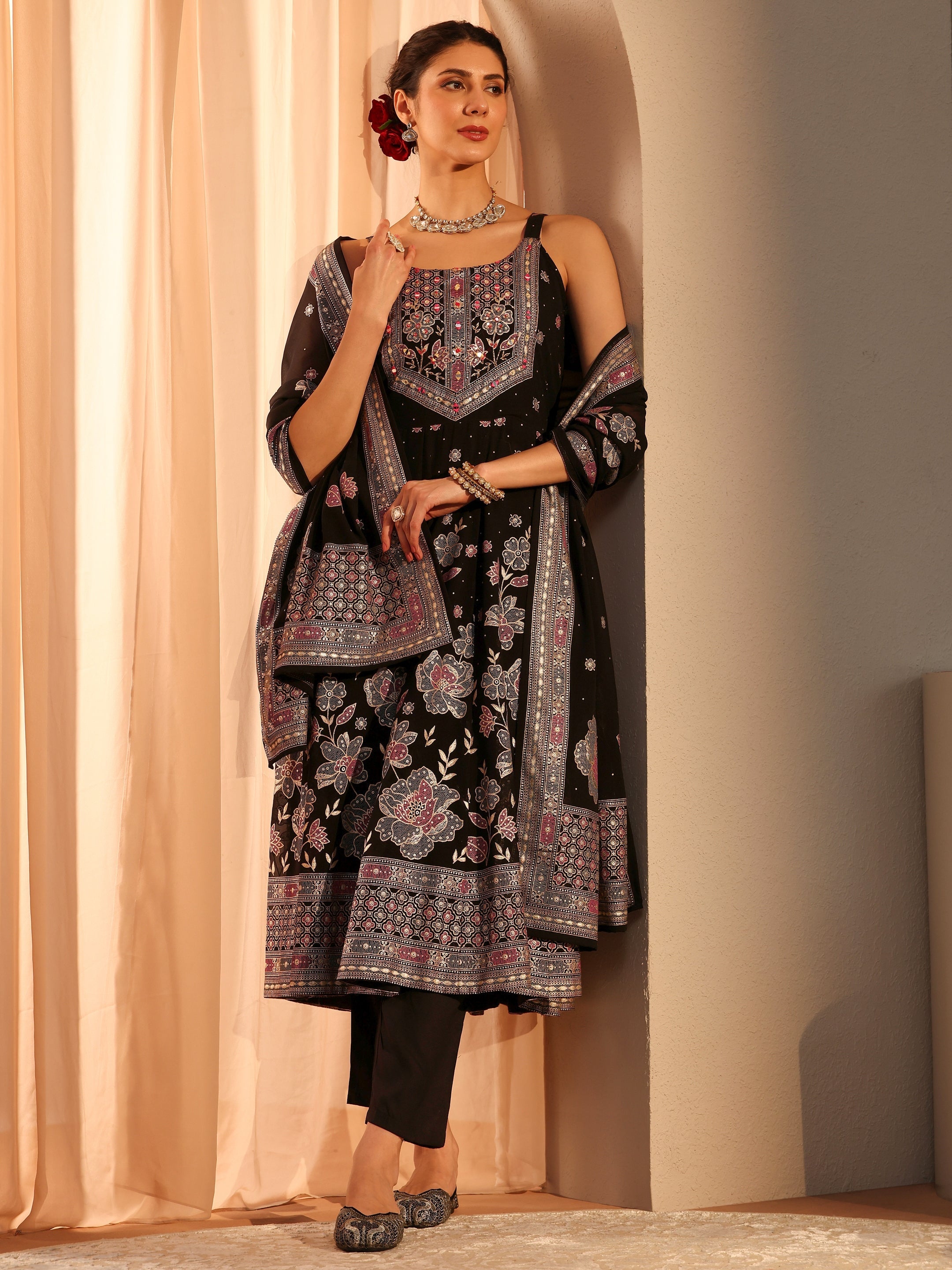 Black Floral Embellished Georgette A-Line Suit Set With Dupatta-image-19