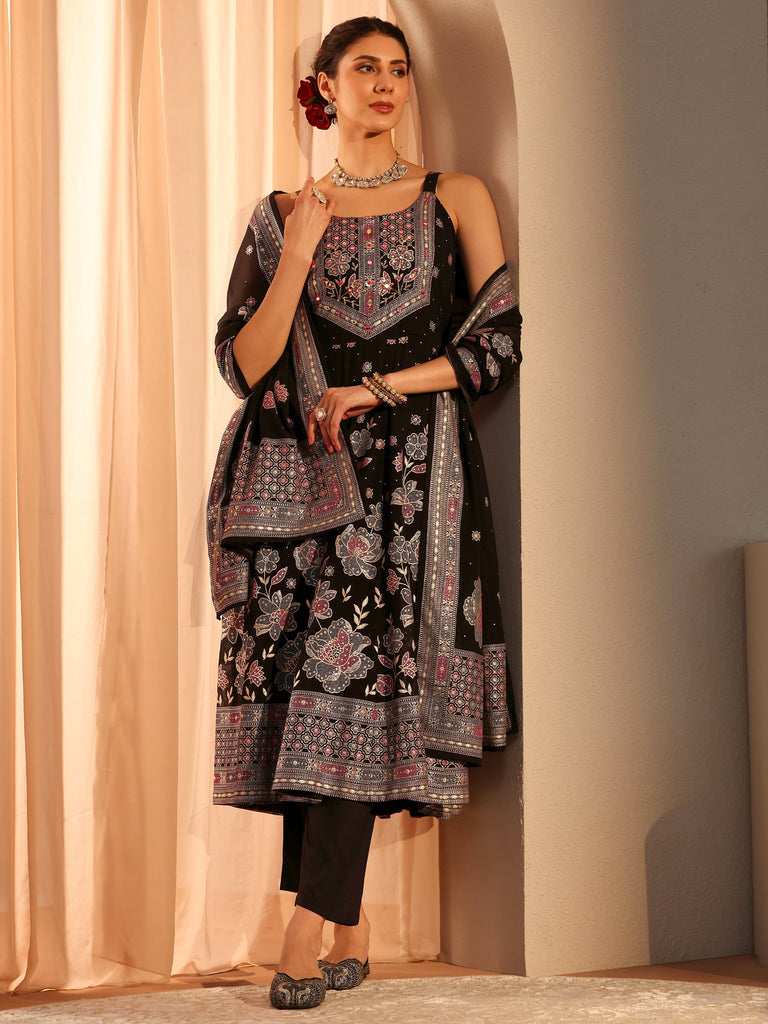Libas Black Floral Embellished Georgette A-Line Suit Set With Dupatta
