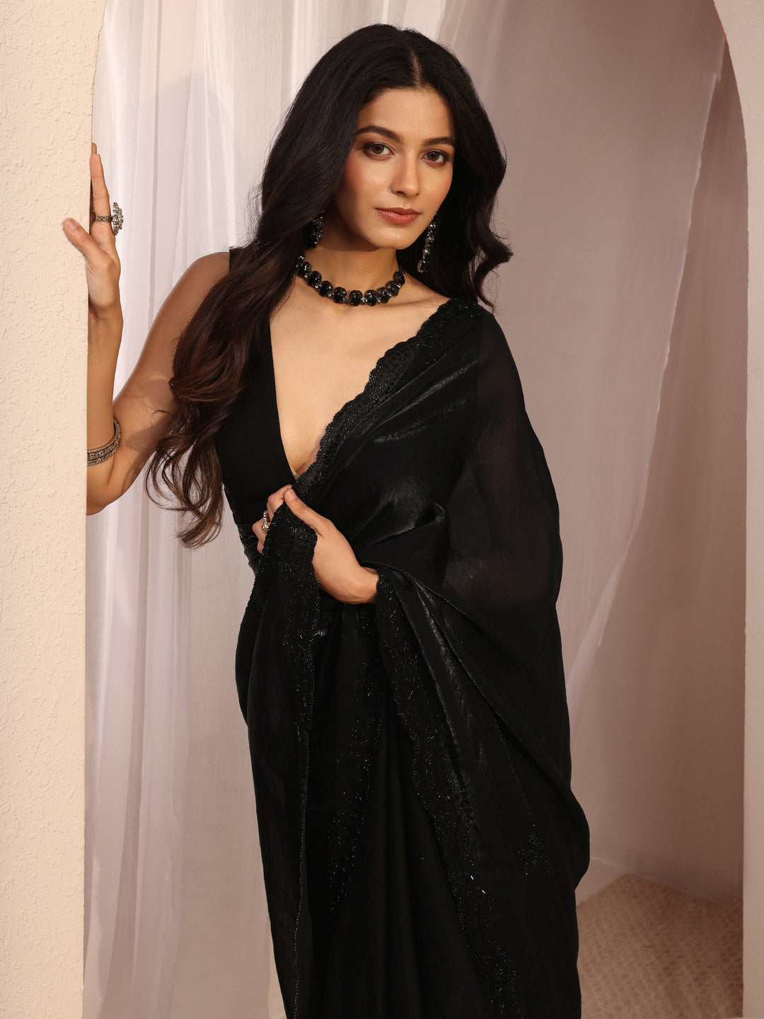  Libas Black Floral Embellished Organza Saree With Unstitched Blouse Piece 
