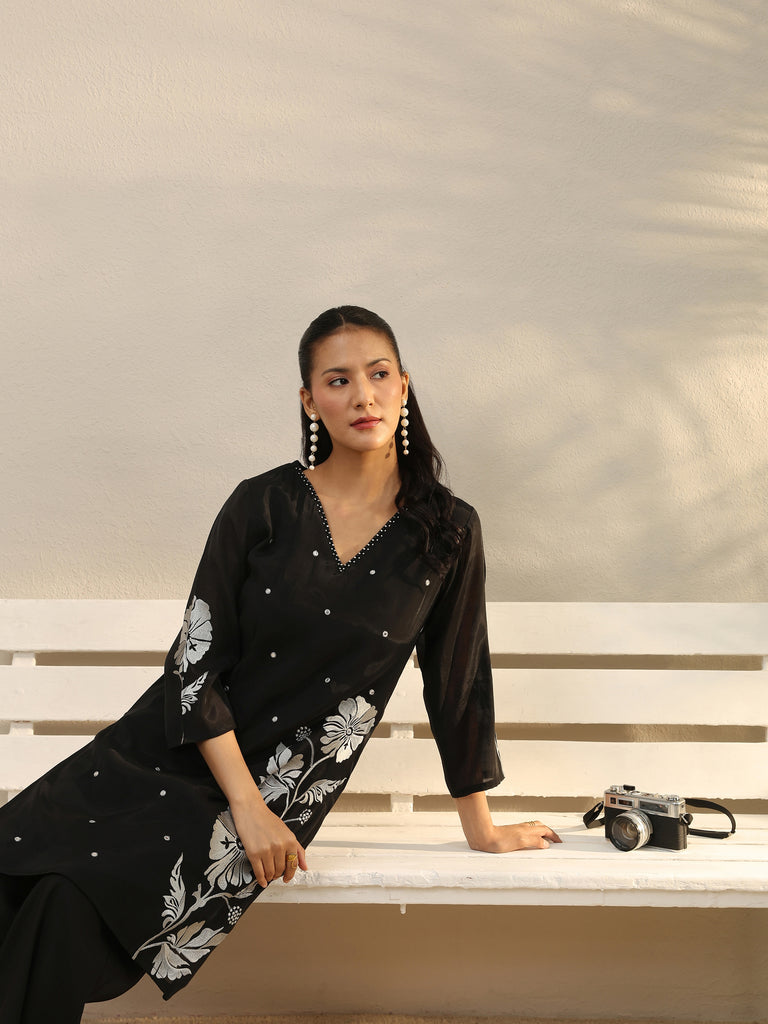 Libas Black Floral Embroidered Chanderi Silk Co-Ord Set