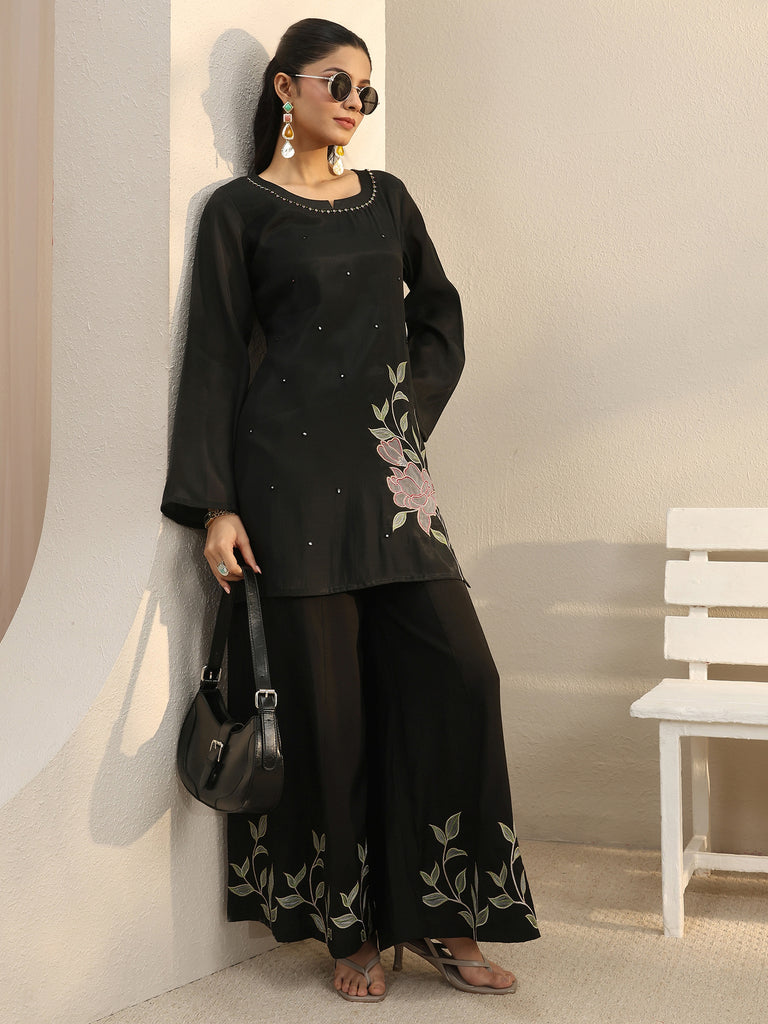 Libas Black Floral Embroidered Chanderi Silk Co-Ord Set