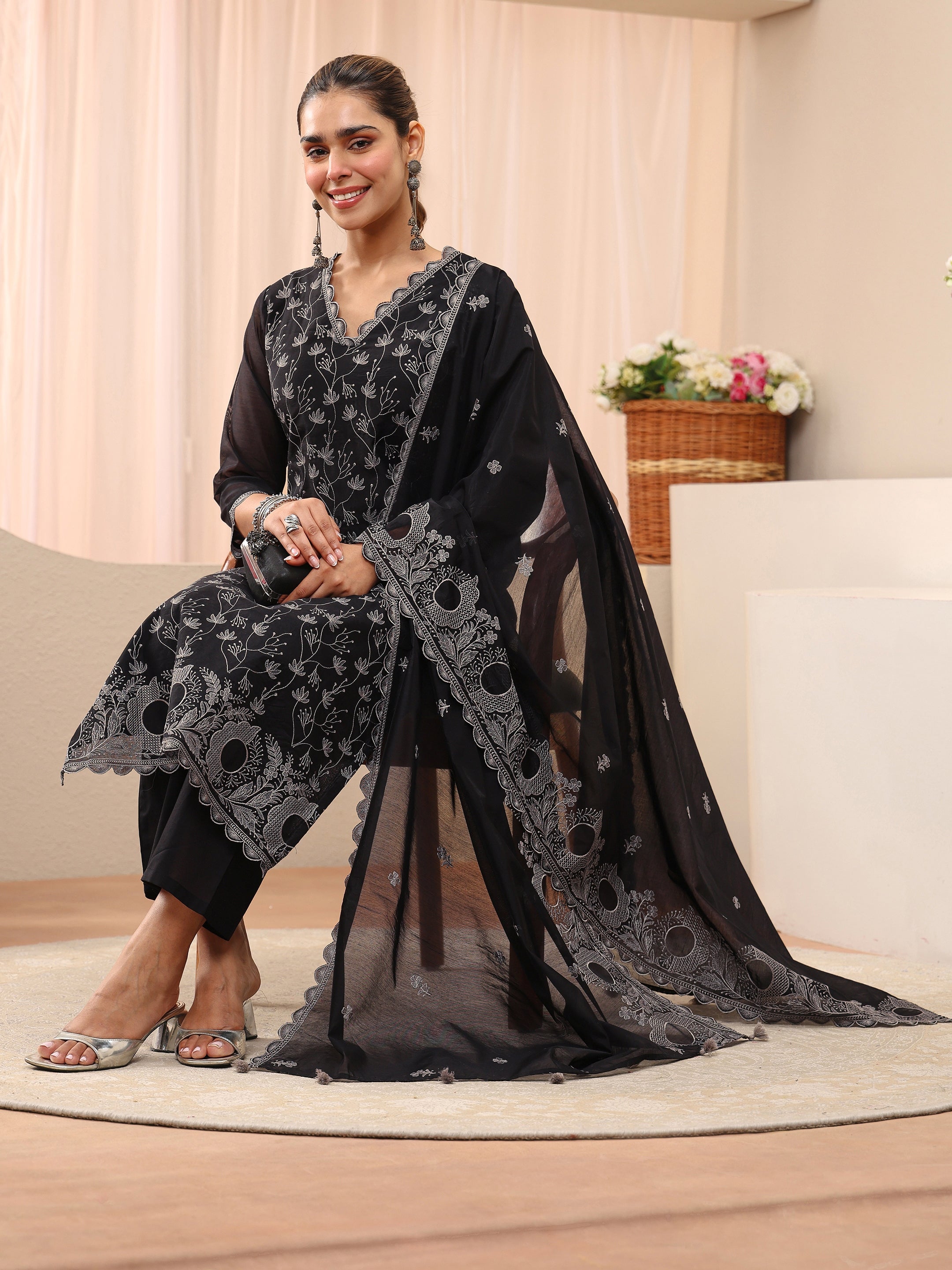 libas Black Floral Embroidered Chanderi Silk Straight Suit Set-picture-56