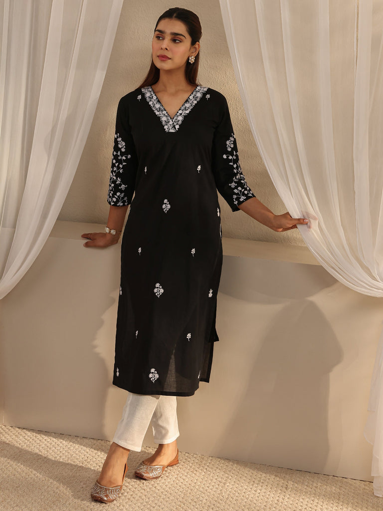 Libas Black Floral Embroidered Cotton Straight Kurta
