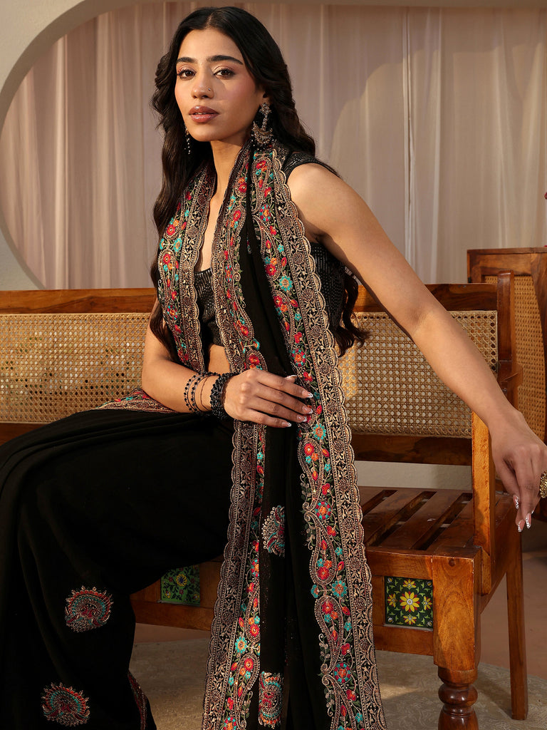 Libas Black Floral Embroidered Georgette Saree