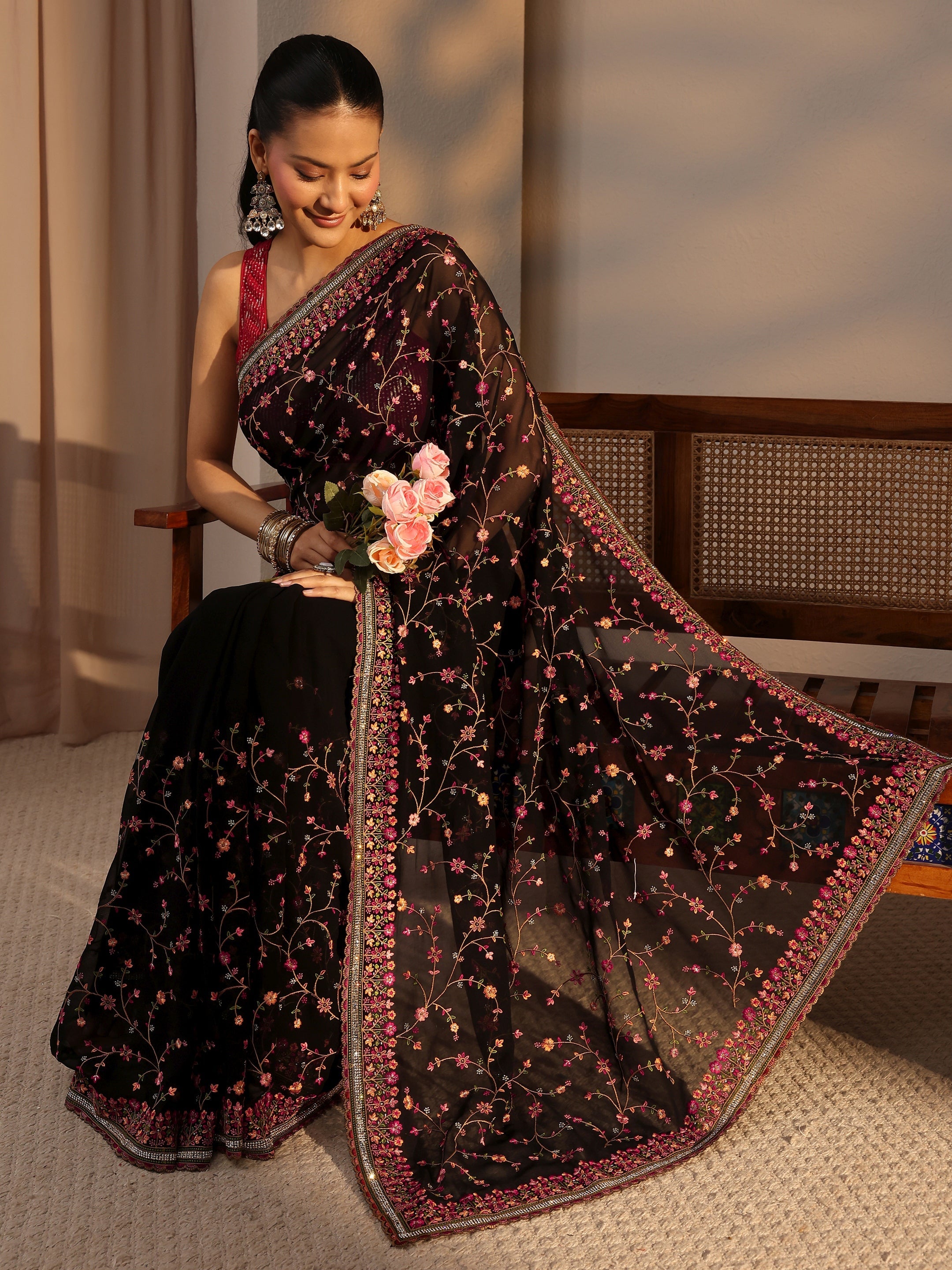 libas Black Floral Embroidered Net Saree With Unstitched Blouse Piece-picture-23