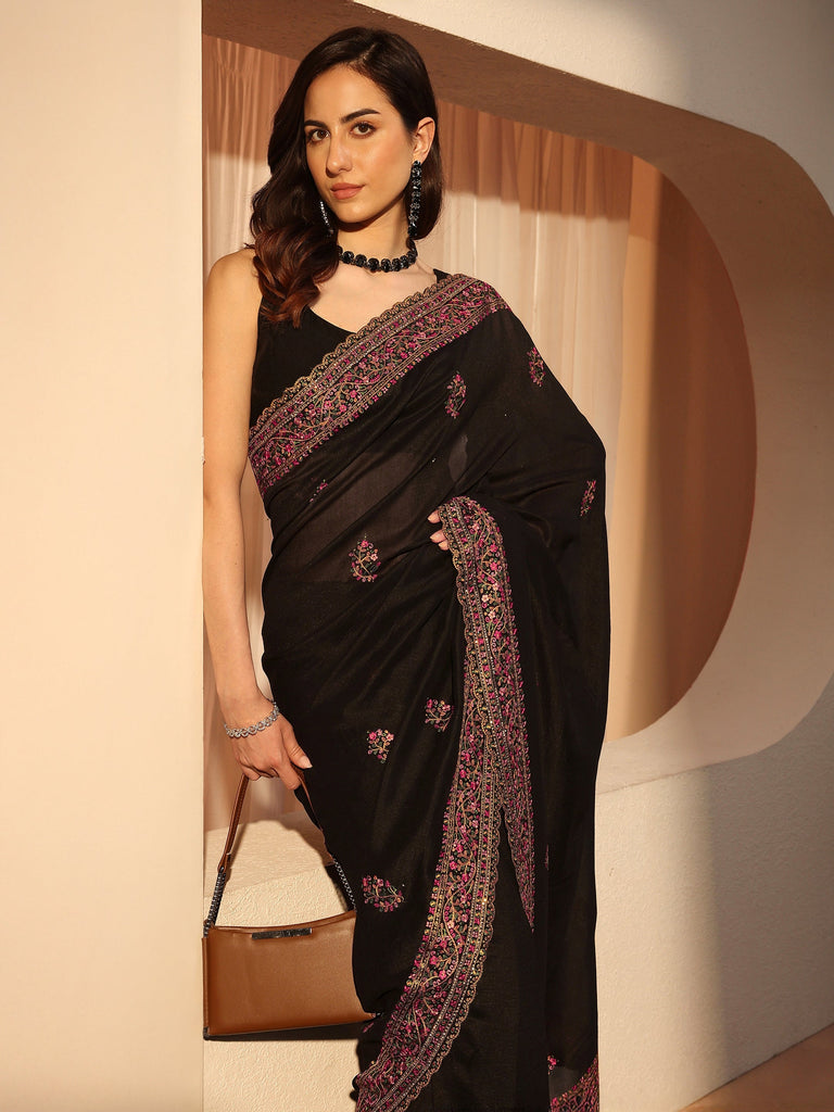 Libas Black Floral Embroidered Silk Blend Saree