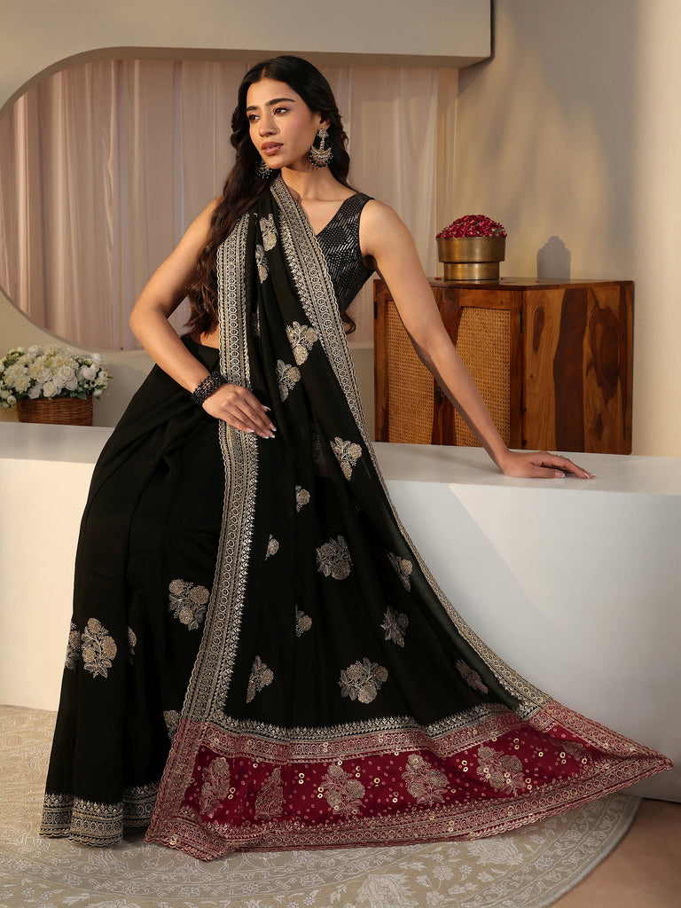 Libas Black Floral Embroidered Silk Blend Saree