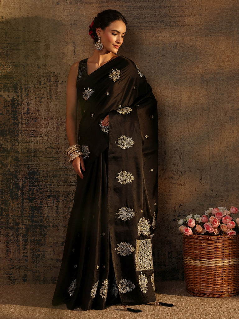 Libas Black Floral Embroidered Silk Blend Saree With Unstitched Blouse Piece
