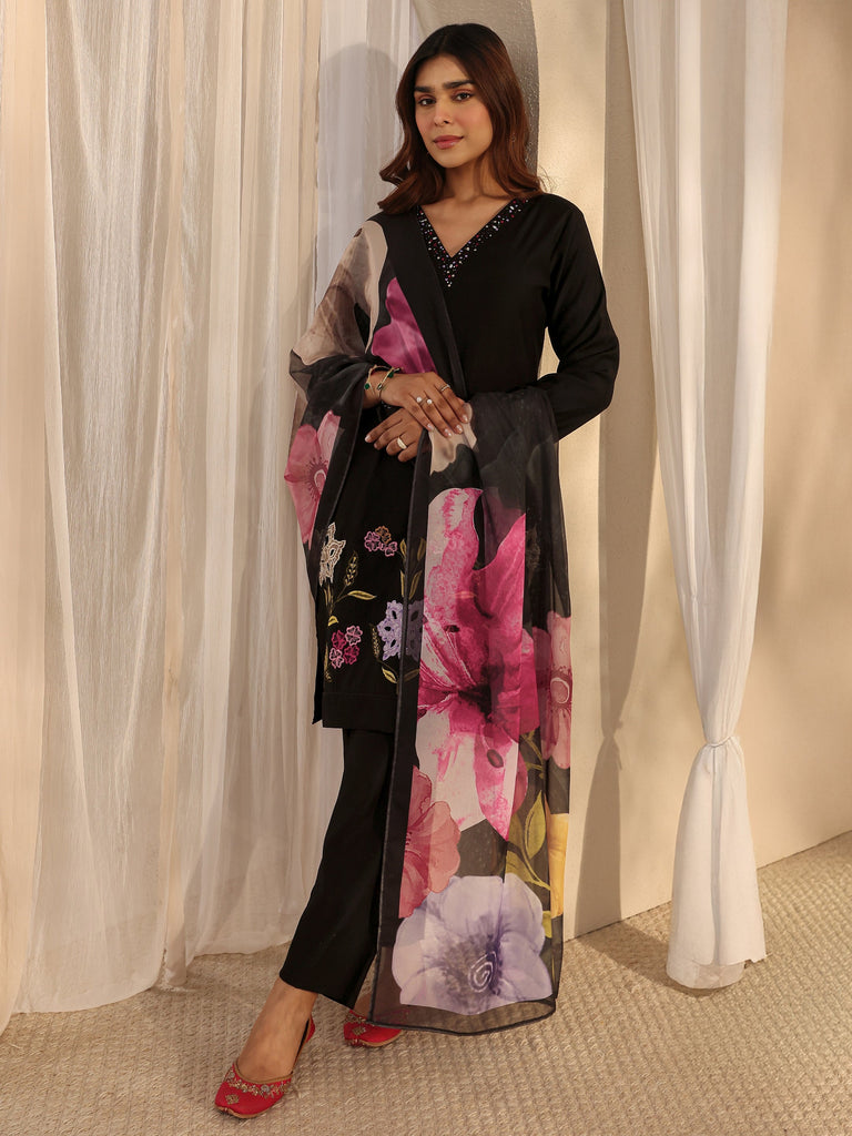 Libas Black Floral Embroidered Silk Blend Straight Suit Set With Dupatta