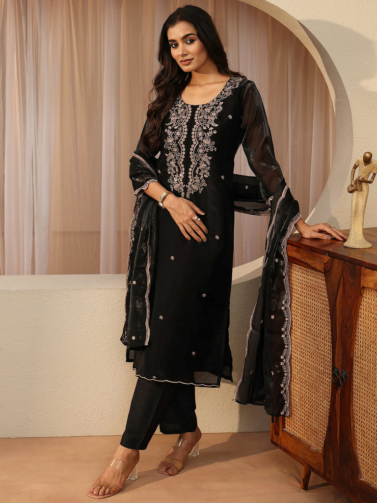 Libas Black Floral Embroidered Tissue Straight Suit Set