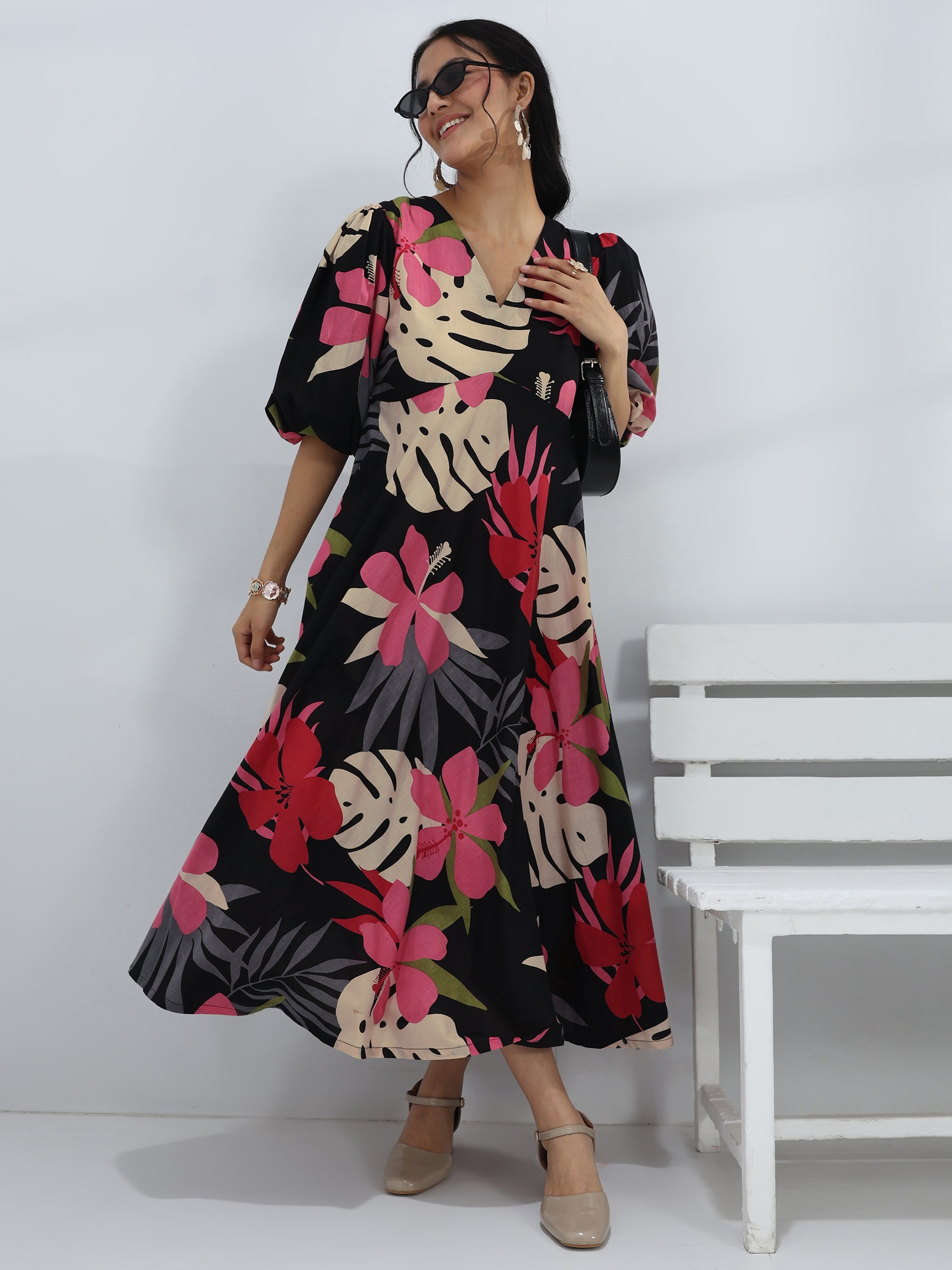 libas Black Floral Printed Cotton A-Line One-Piece Dress-picture-18