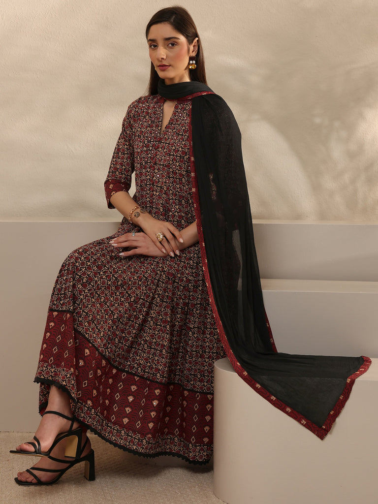 Libas Black Floral Printed Cotton Anarkali Suit Set With Dupatta
