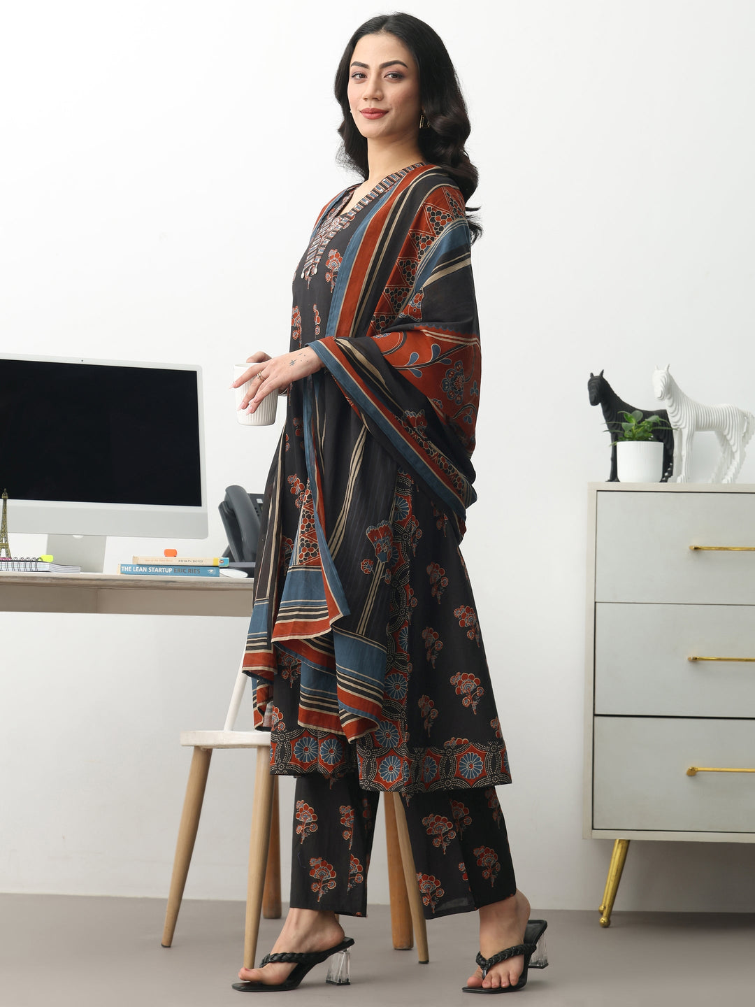  Black Floral Printed Cotton Blend A-Line Suit Set With Dupatta 