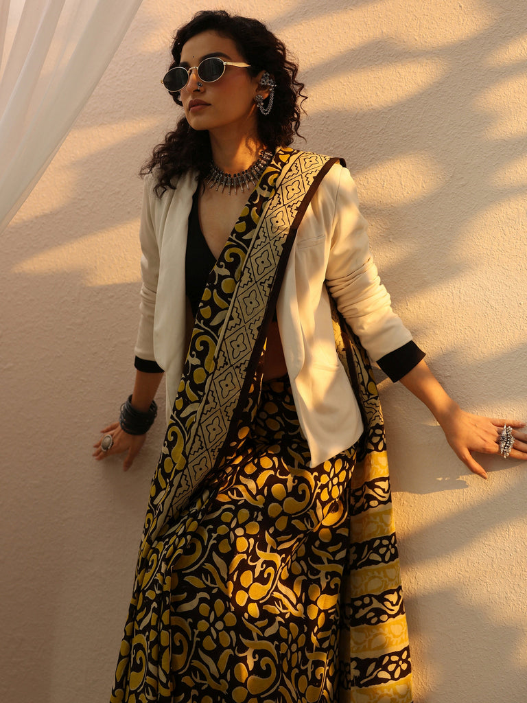 Libas Black Floral Printed Cotton Blend Saree With Unstitched Blouse Piece