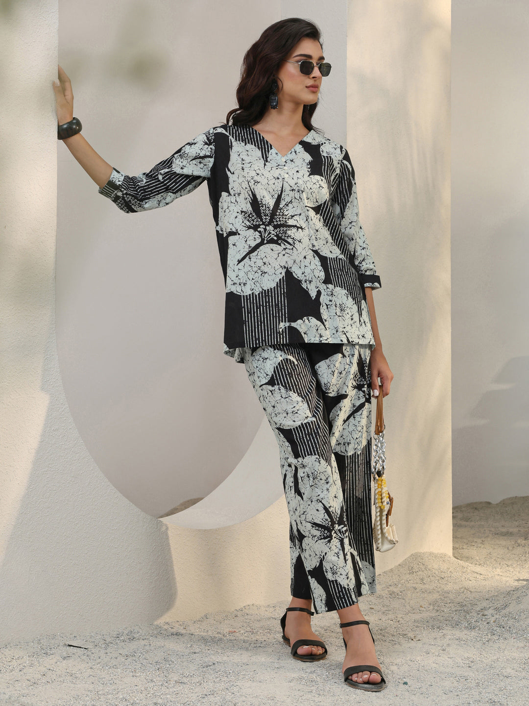 Black Floral Printed Cotton Co-Ord Set 