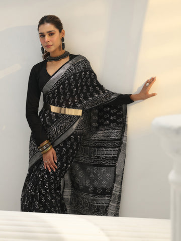 Black Dabu Printed Cotton Saree