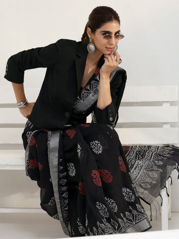 Black Floral Dabu Print Cotton Saree