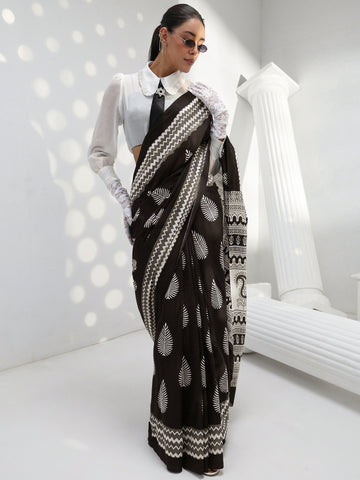 Black Fern Dabu Print Cotton Saree