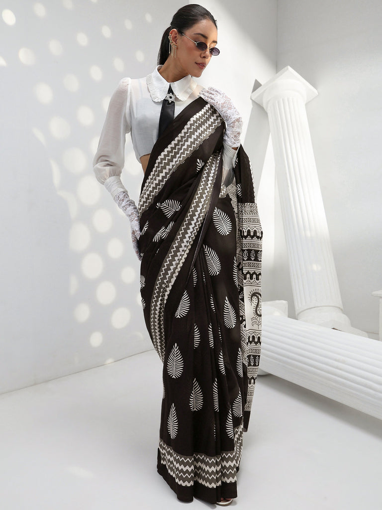 Libas Black Fern Dabu Print Cotton Saree