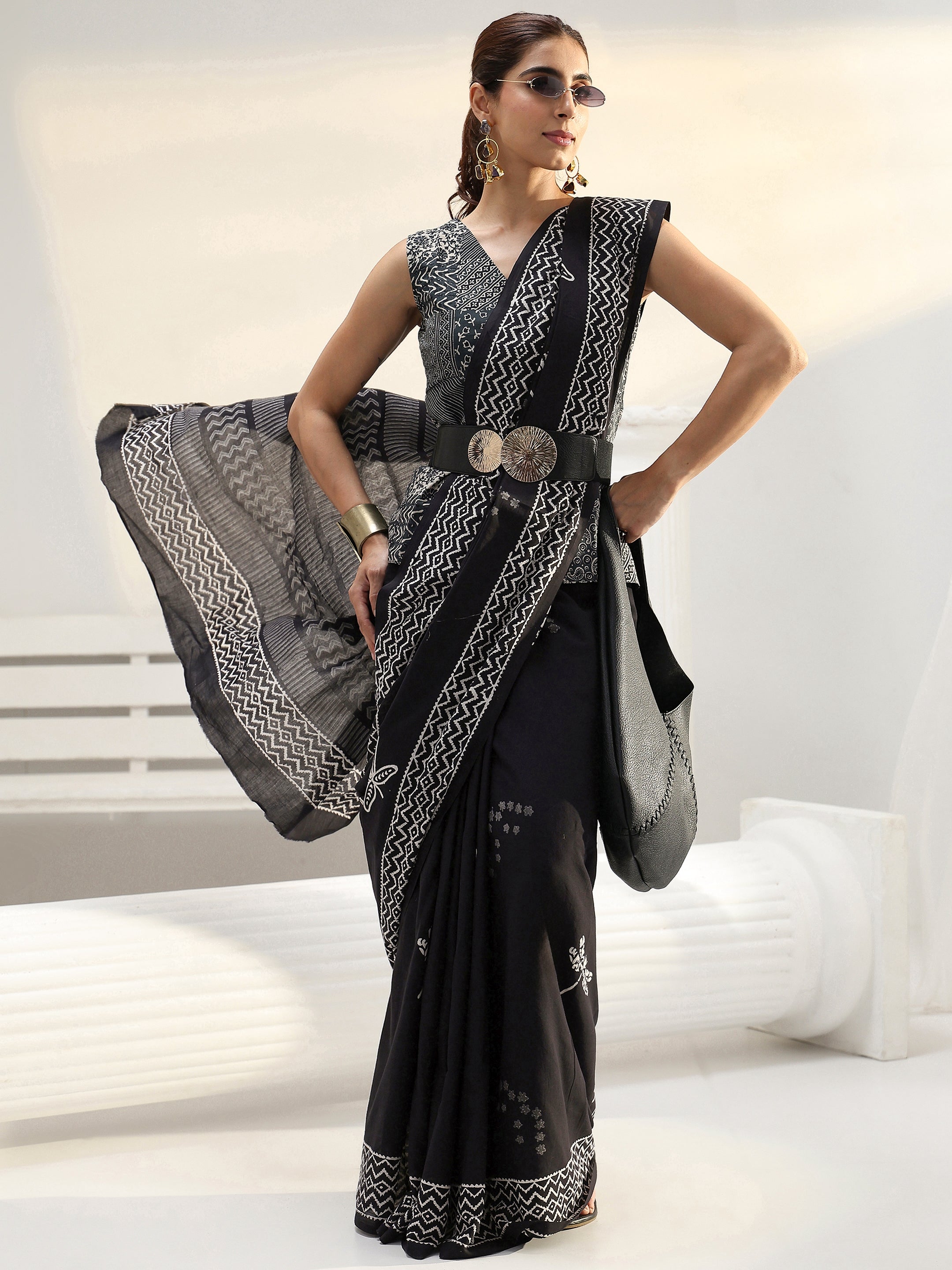 Black Floral Printed Cotton Saree-image-47