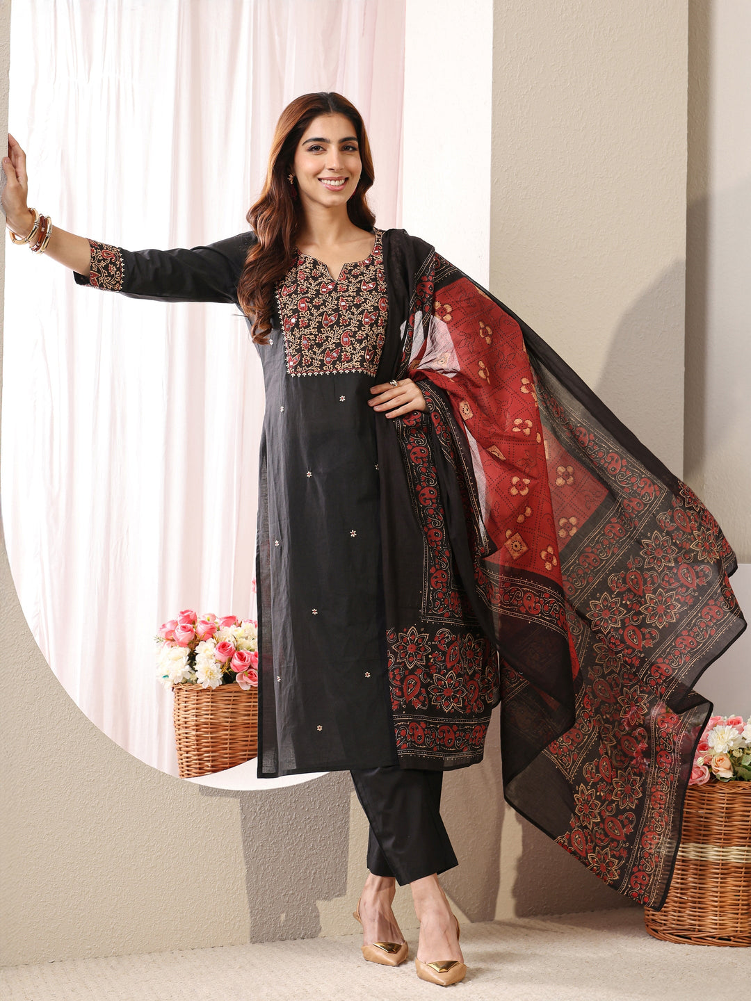 Black Floral Printed Cotton Straight Suit Set with Dupatta