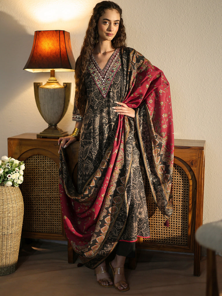 Libas Black Floral Printed Silk Blend Anarkali Suit Set
