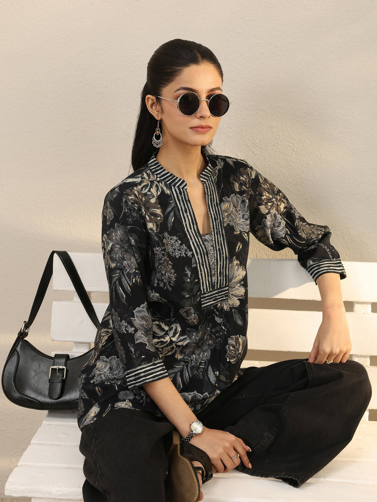 Libas Black Floral Printed Silk Blend Straight Short Kurti