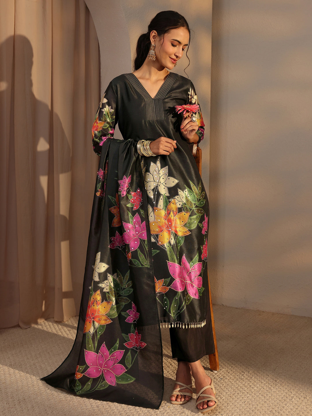  Black Floral Printed Silk Blend Straight Suit Set With Dupatta 