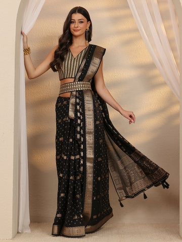 Black Floral Woven Design Silk Blend Saree 
With Unstitched Blouse Piece