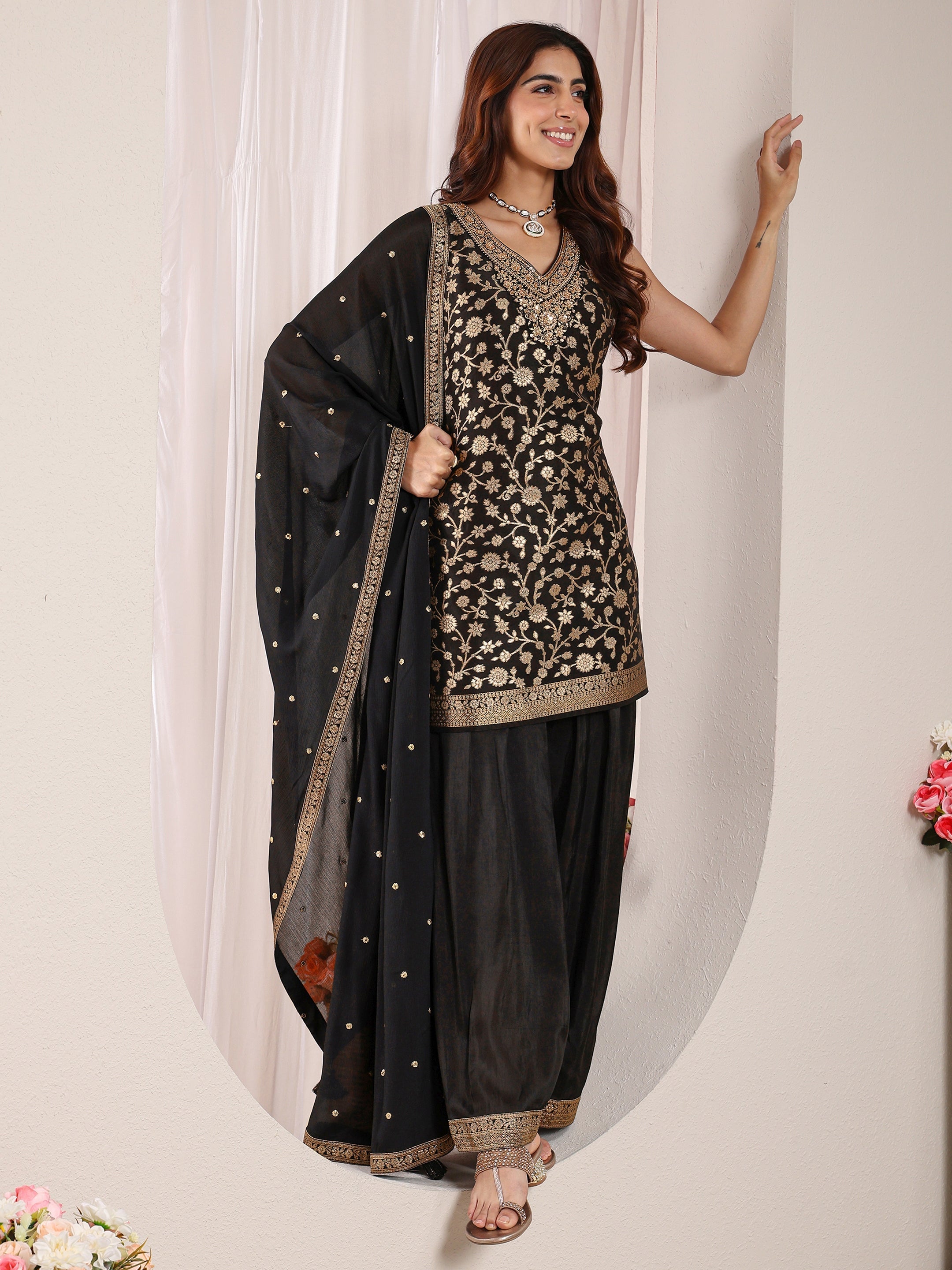 libas Black Floral Woven Design Silk Blend Straight Suit Set With Dupatta-picture-35