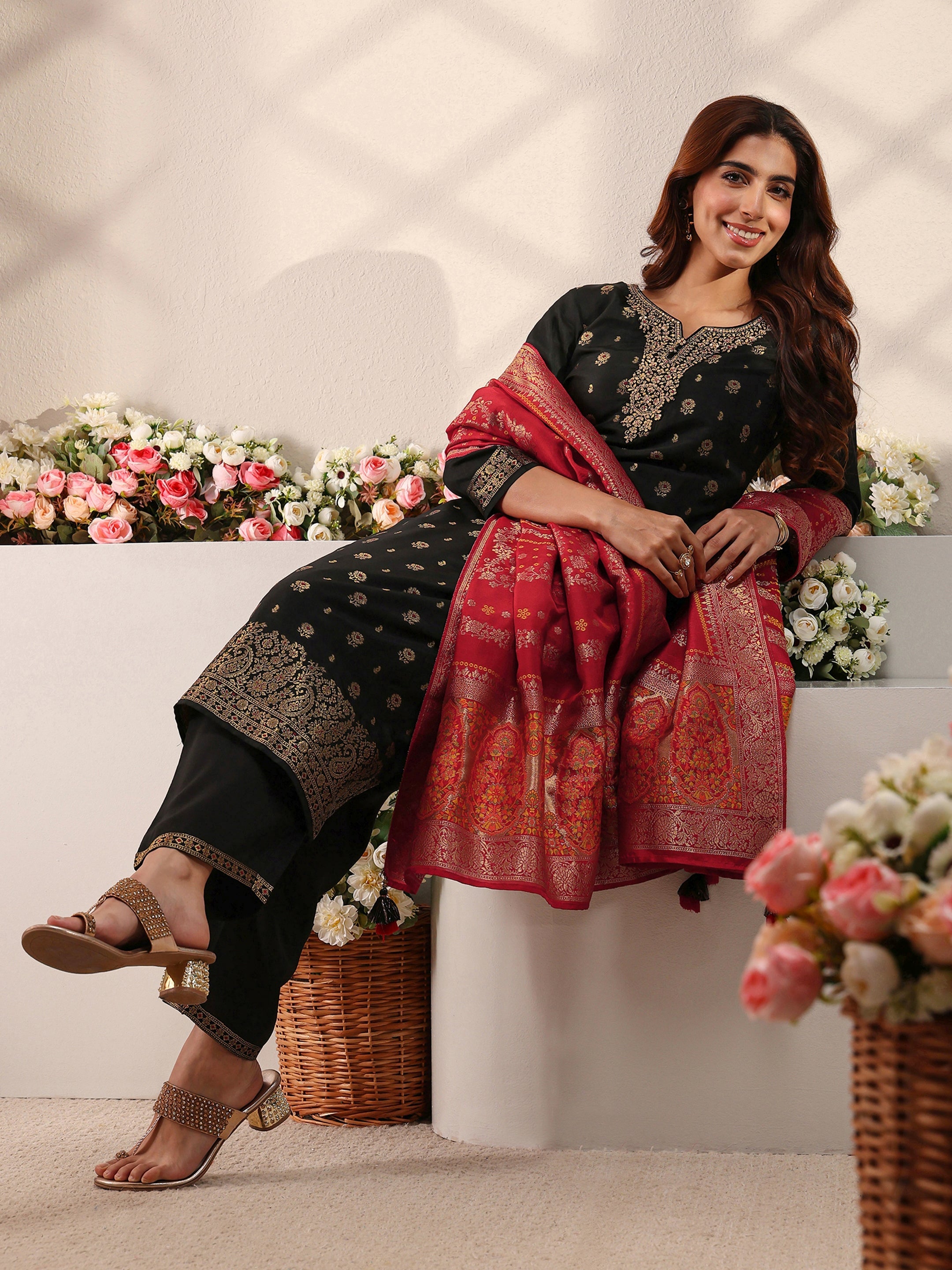 libas Black Floral Woven Design Silk Blend Straight Suit Set With Dupatta-picture-36