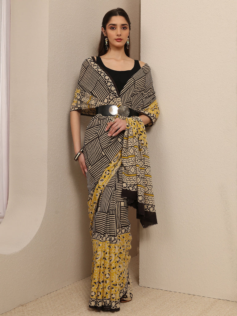 Libas Black Geometric Printed Cotton Blend Saree With Unstitched Blouse Piece