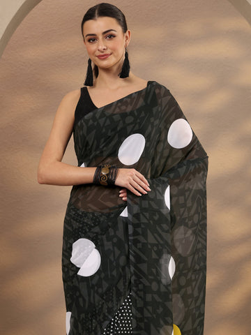 Black Geometric Printed Georgette Saree With Unstitched Blouse Piece