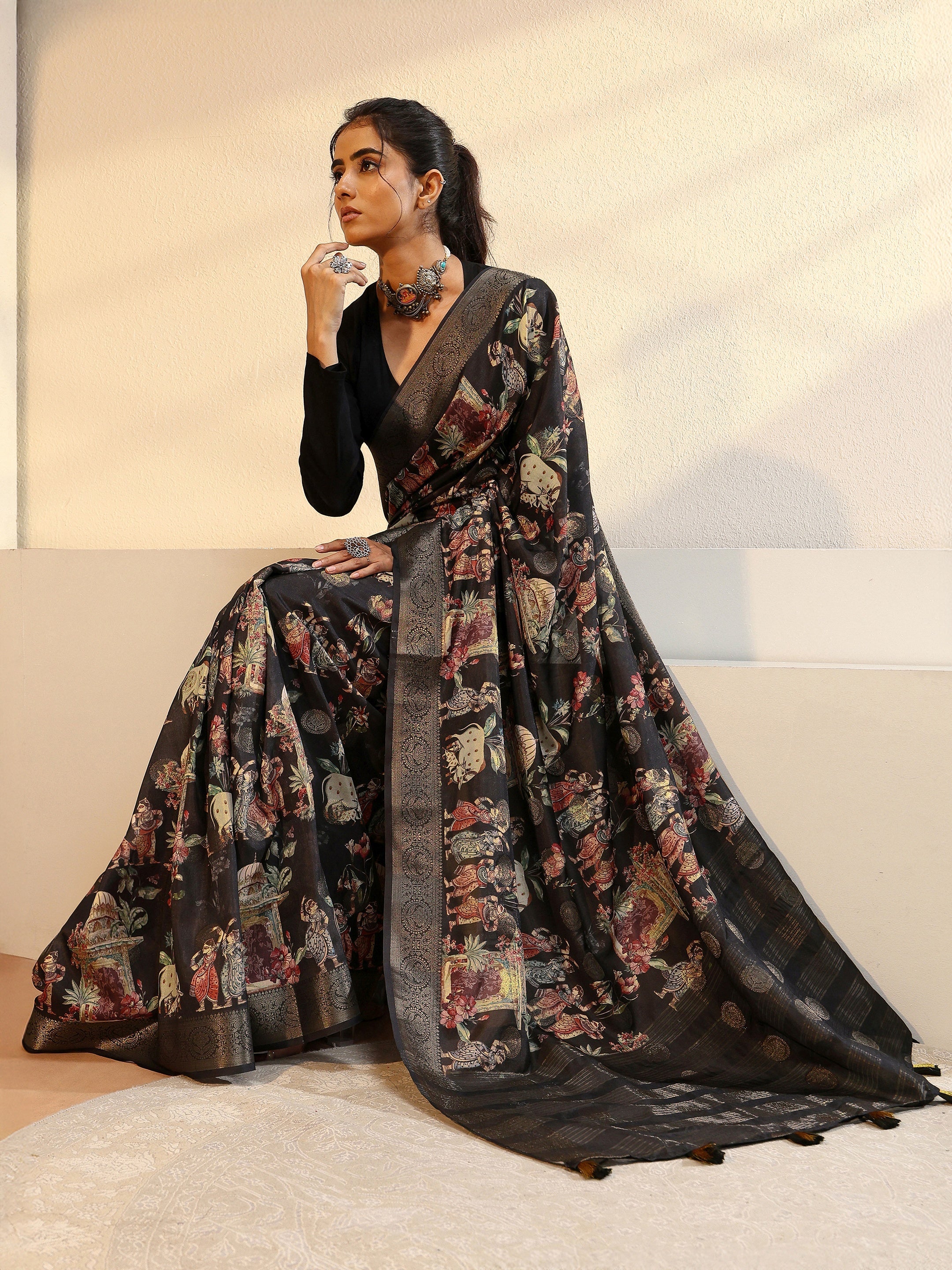 Libas Black Maharaja Print Silk Blend Saree-picture-31