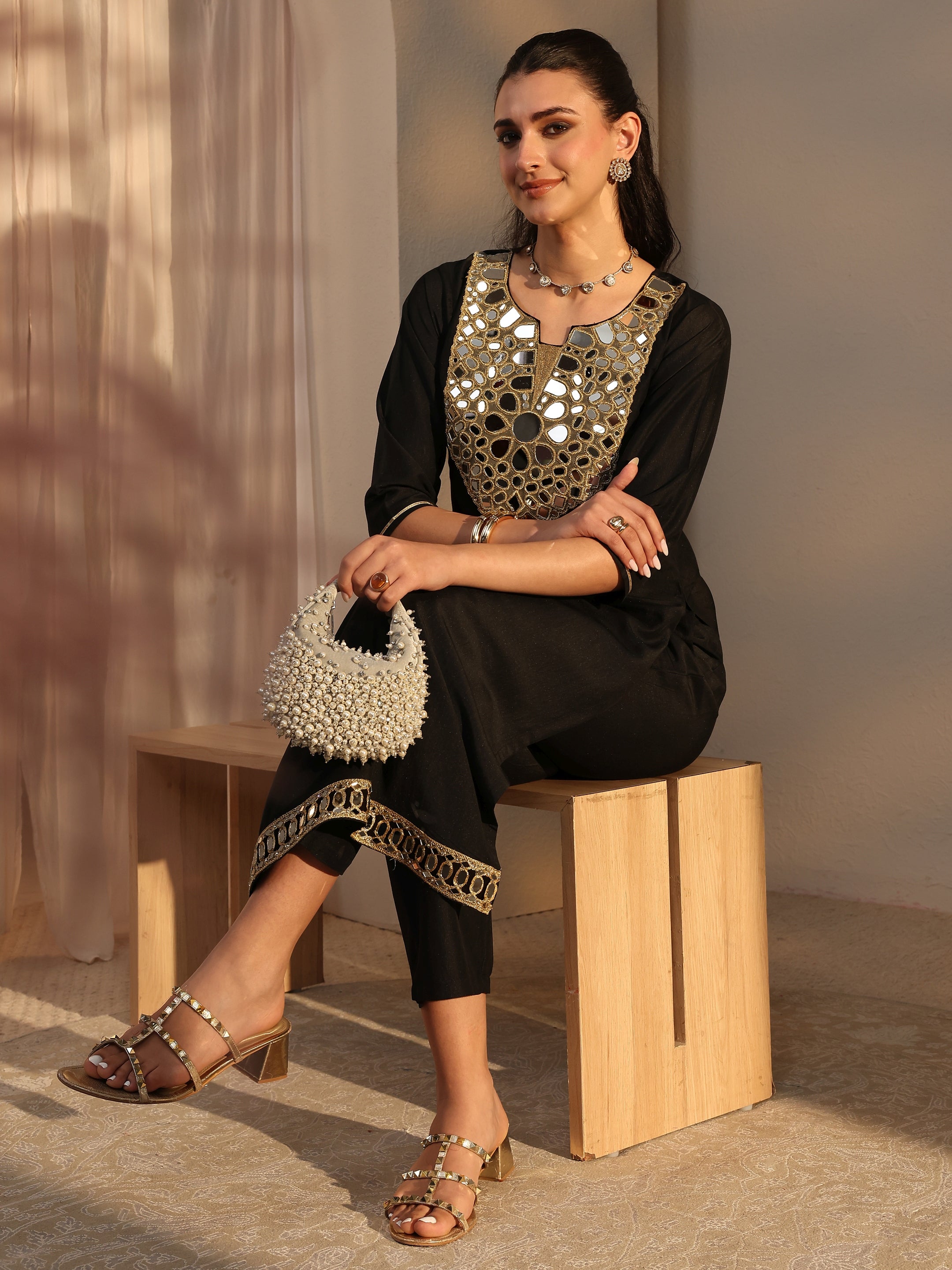 libas Black Mirror Work Yoke Design Silk Blend Straight Kurta Set-picture-16