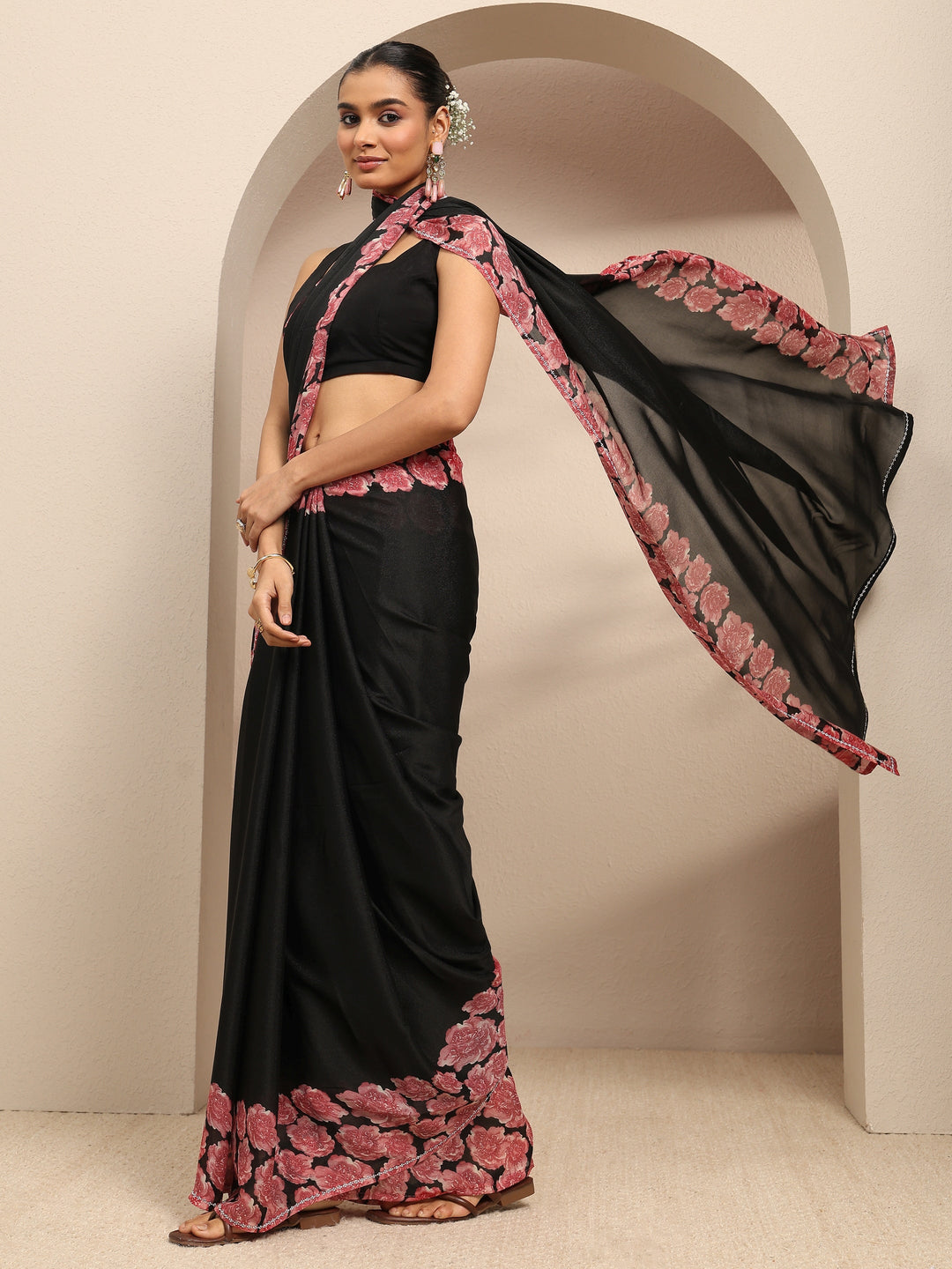  Black Ombre Solid Silk Blend Saree With Unstitched Blouse Piece 