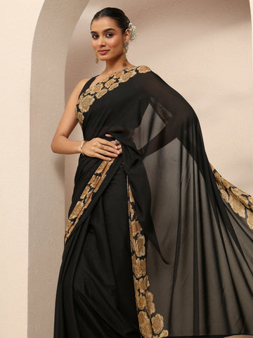 Black Ombre Solid Silk Blend Saree With Unstitched Blouse Piece