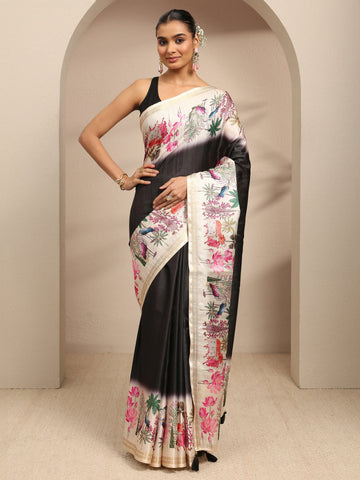 Black Ombre Solid Silk Blend Saree With Unstitched Blouse Piece